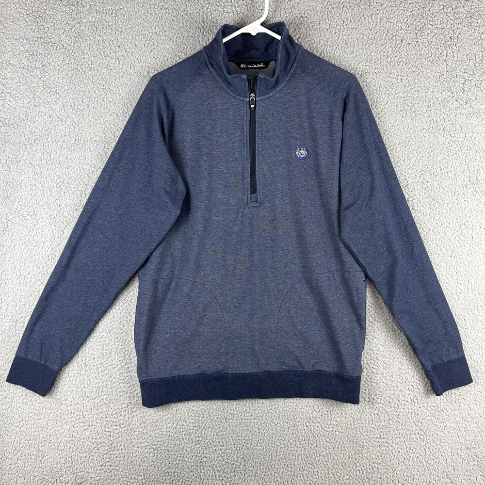 Travis Mathew Sweater Men Medium Blue 1/4 Zip Long Sleeve Golf Pockets Mock Neck